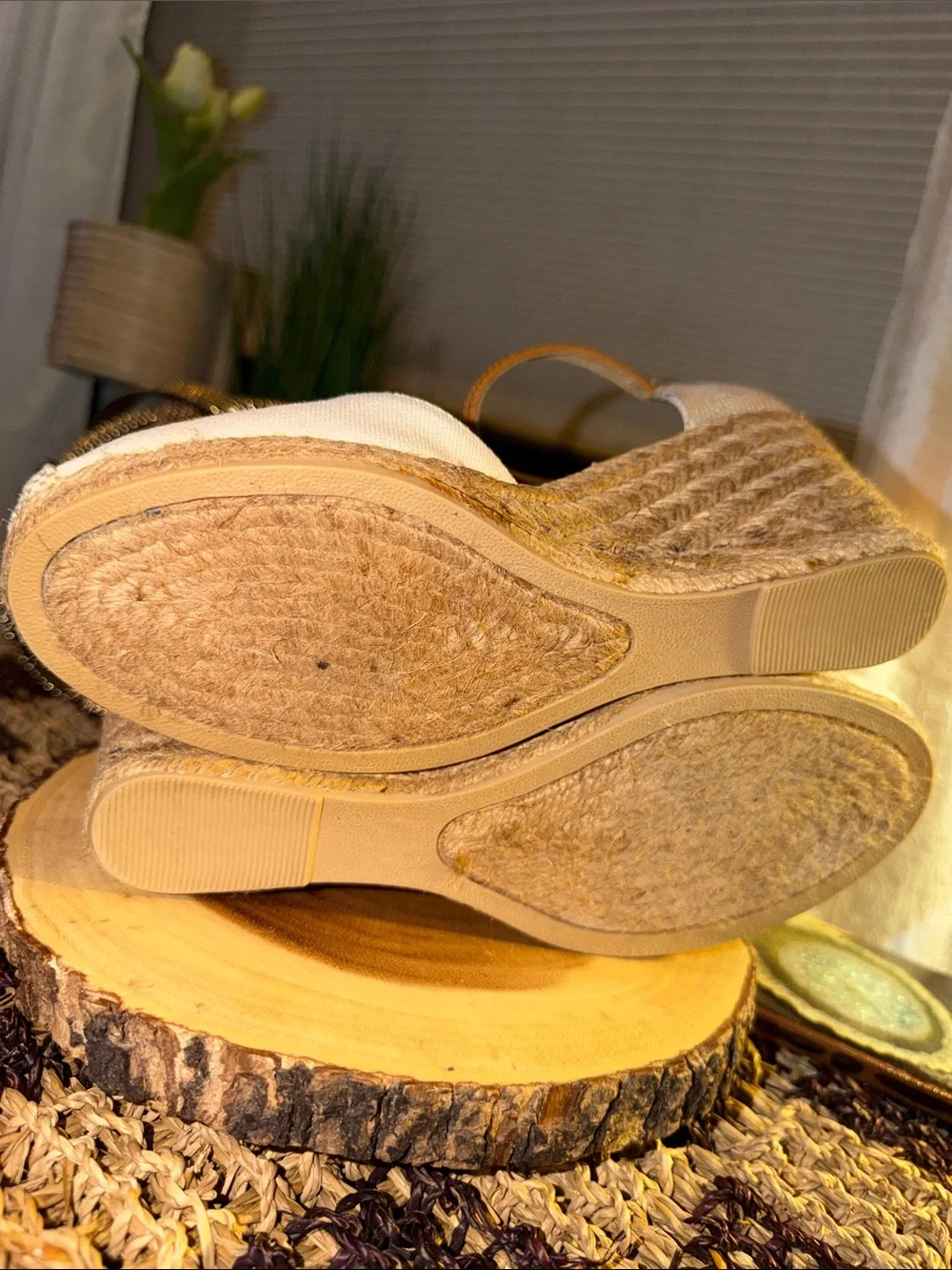 White Mountain White and Tan Espadrille Wedge Sandals
